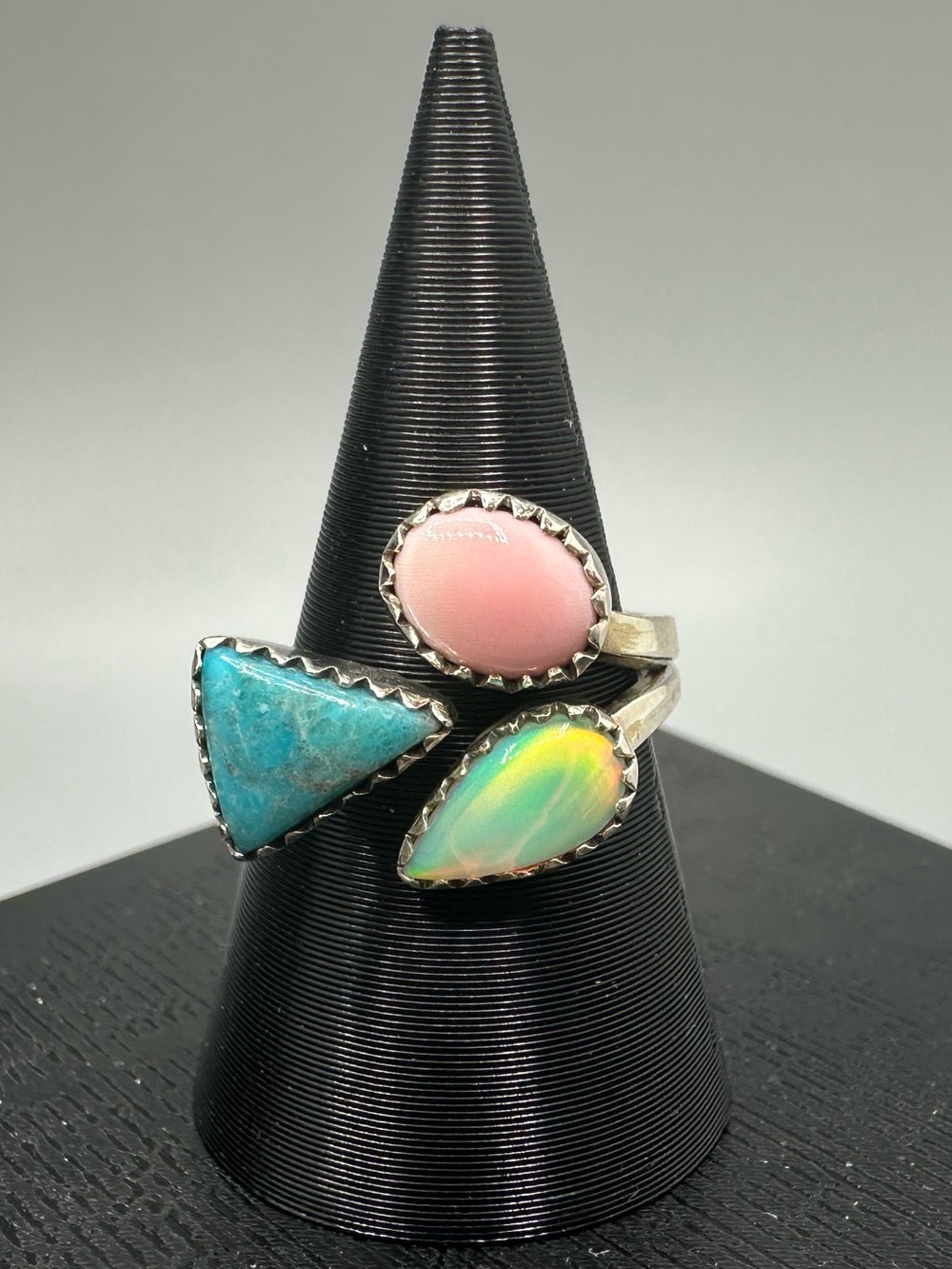 Pink Conch Opal Turquoise Sterling Silver 925 Ring Floater Bypass Adjustable